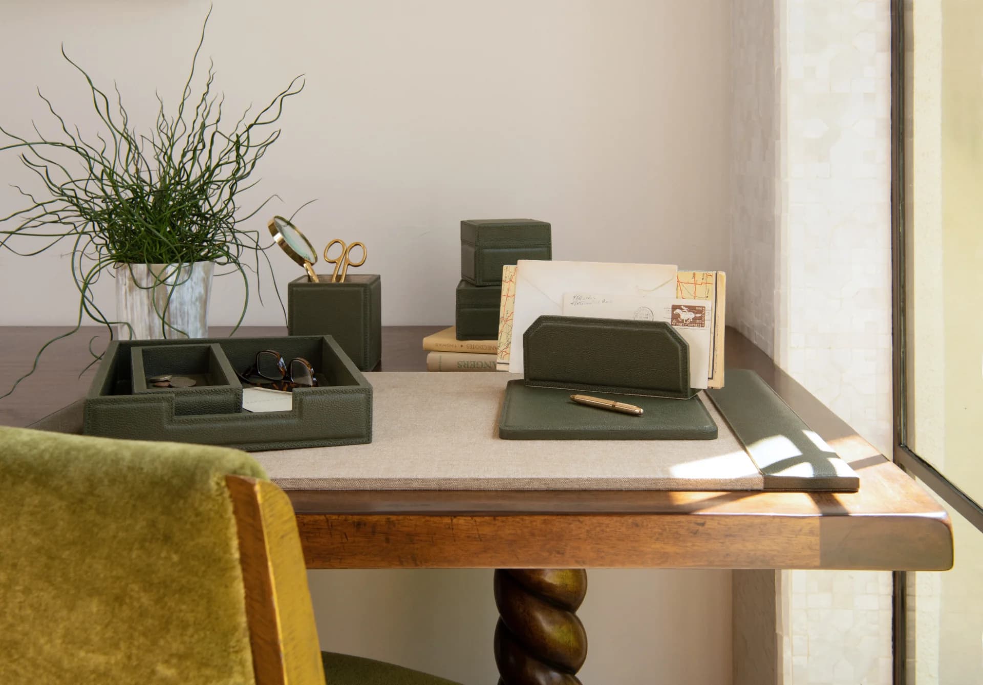 Pigeon & Poodle luxury leather desk set, in forest green