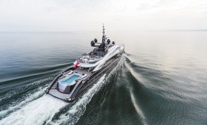 A superyacht powers through the sea with interior and exterior outfitting from Glancy Fawcett