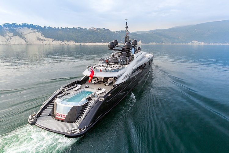 aerial shot of a superyacht in the sea called motor yacht OKTO