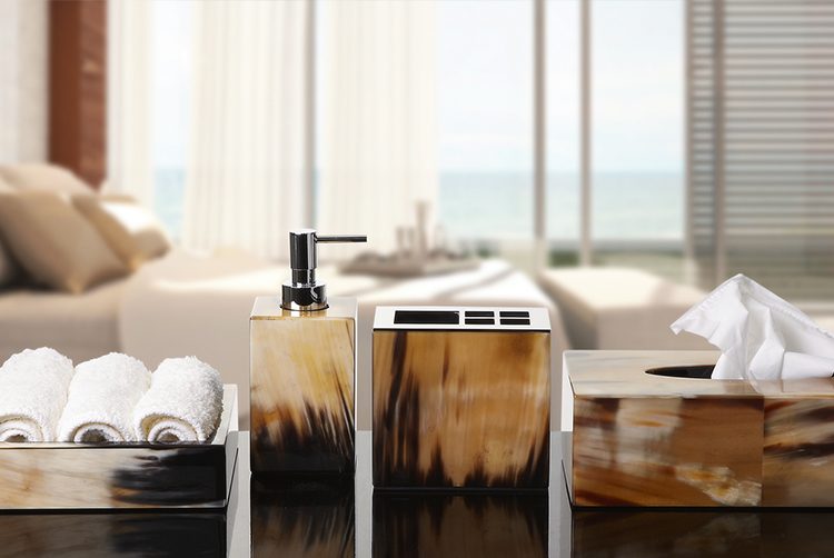 bathroom accessories including a soap pump made from natural horn