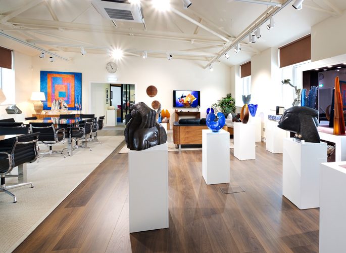 an art gallery in Glancy Fawcett's showroom containing one off art sculptures