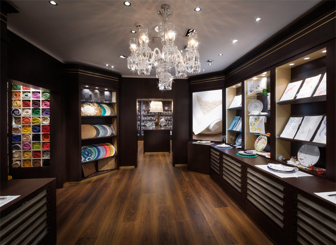 Glancy Fawcett's showroom, a room filled with table linen and a chandelier