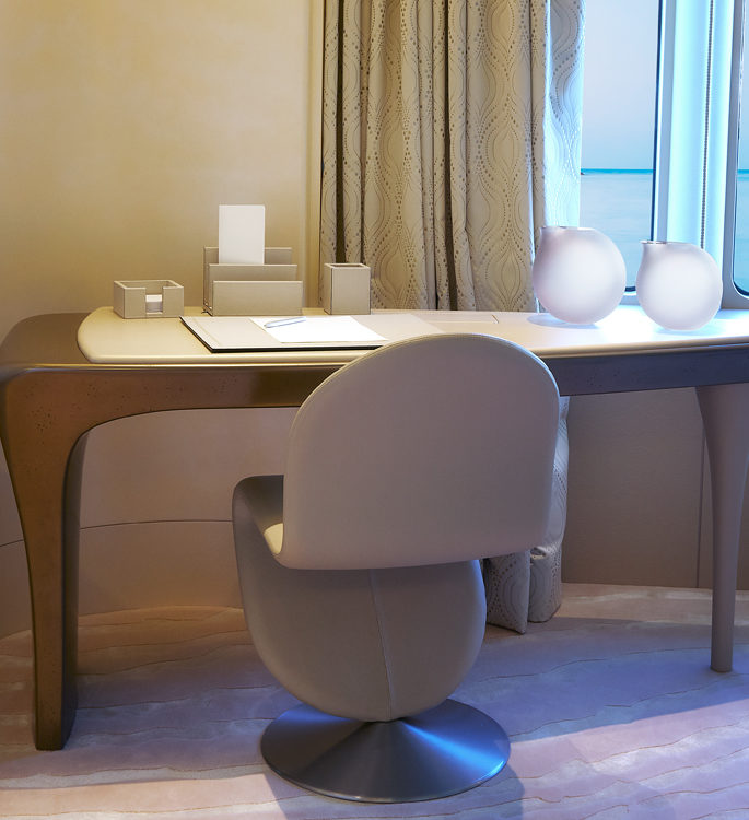 an office with neutral desk accessories in motor yacht Aviva