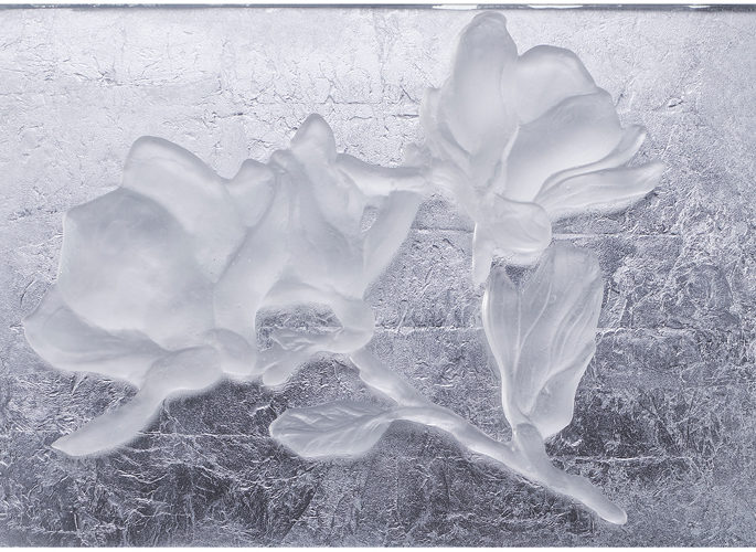 architectural glass panel with rose pattern moulded into