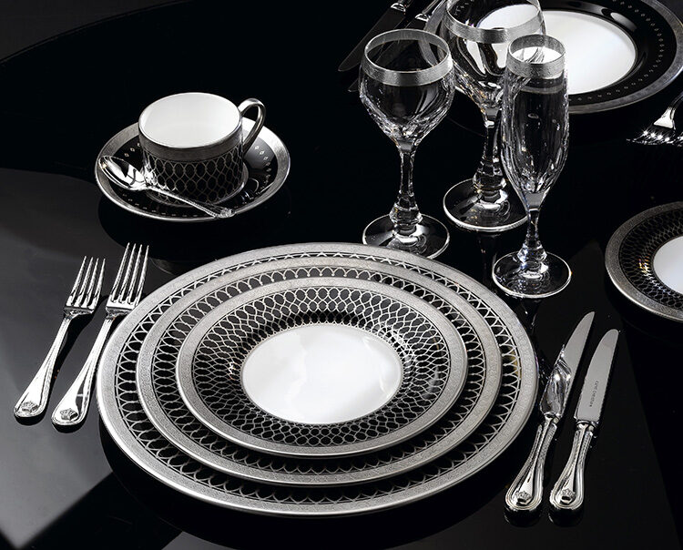 Clive Christian and Glancy Fawcett tableware that is black and silver