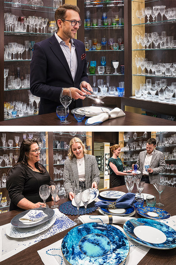 The Glancy Fawcett team showcasing our luxury tableware product